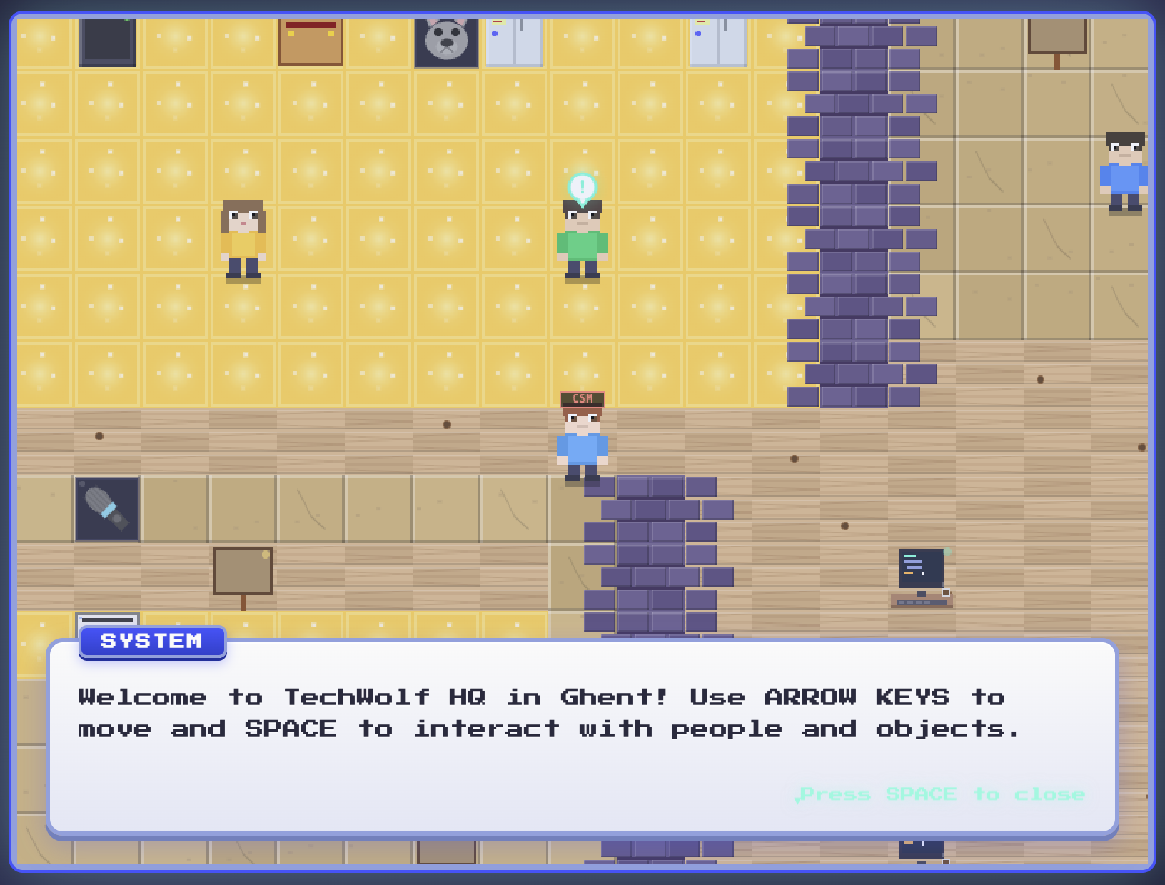 TechWolf onboarding game, Ghent office: pixel-art top-down view with characters and a system prompt
