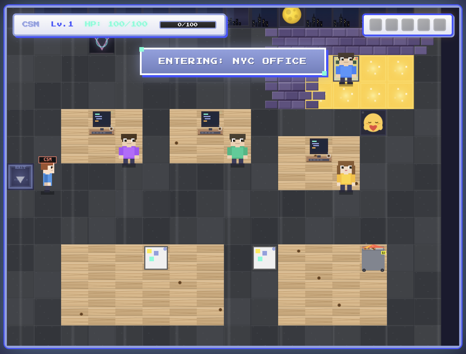 TechWolf onboarding game, entering the NYC office, with HUD and inventory bar