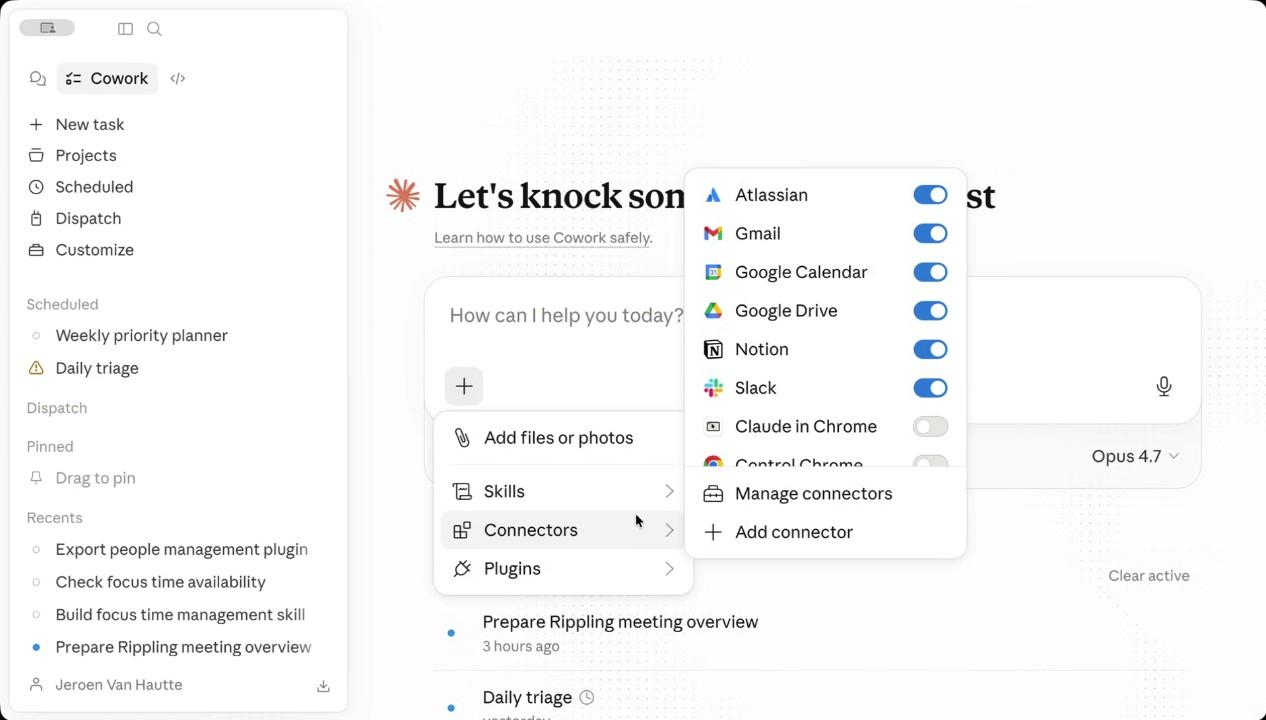 The Cowork interface in the Claude desktop app: sidebar with New task, Projects, Scheduled, and a list of recent tasks