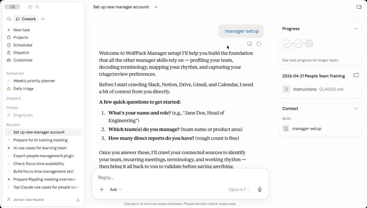 Cowork running a setup skill: a welcome message, a few quick questions about name, team, and direct reports, and a sidebar showing the setup skill is loaded