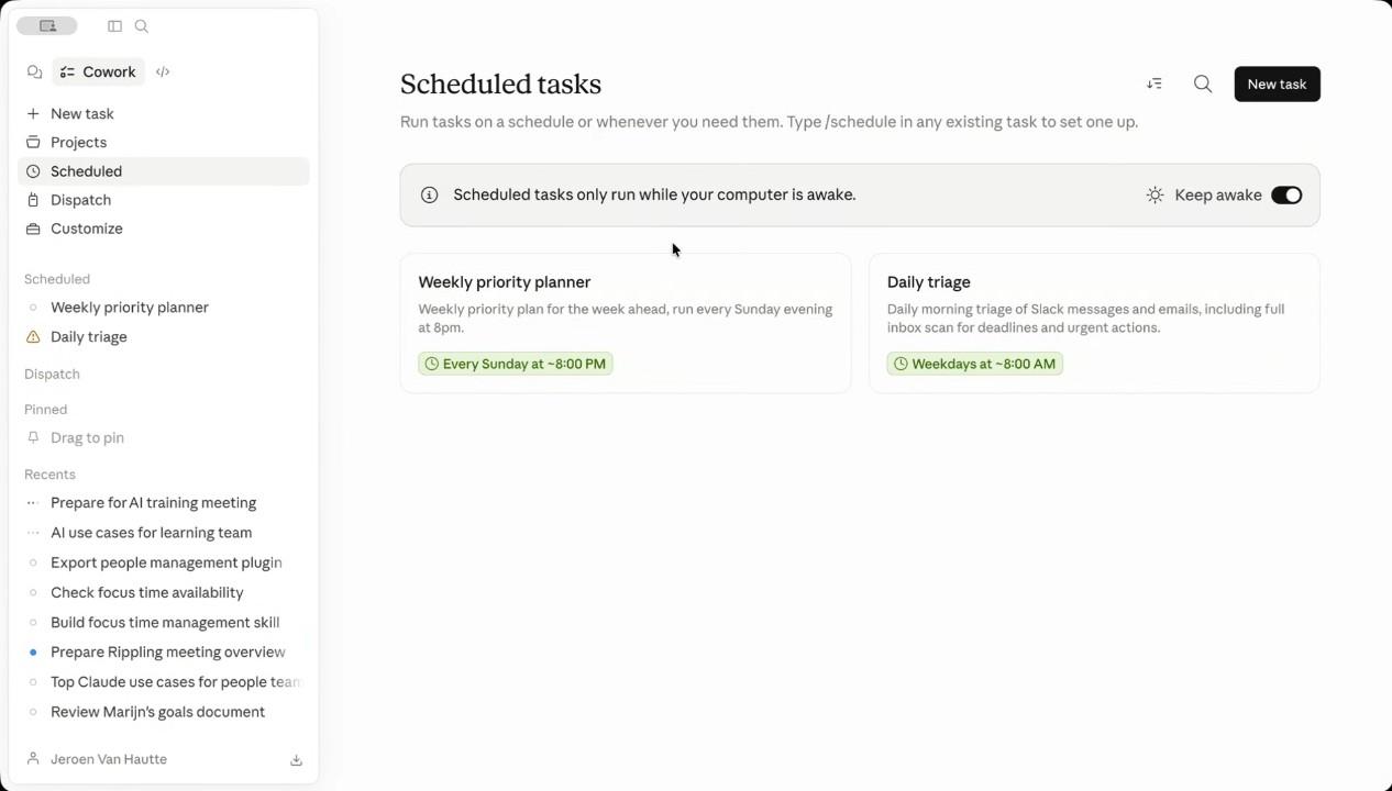 The Cowork Scheduled tasks page with a Keep awake toggle in the top right, plus two scheduled tasks: a Weekly priority planner running every Sunday at 8pm and a Daily triage running weekdays at 8am