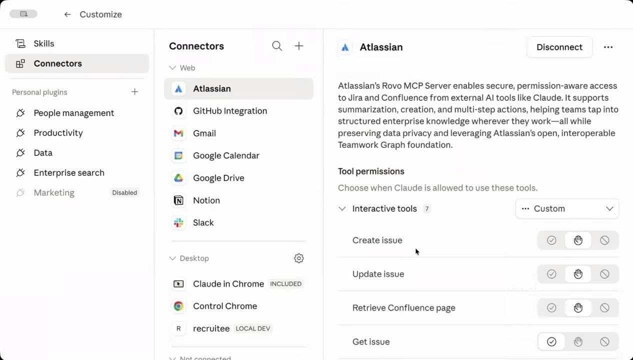 The Connectors panel in Cowork: Atlassian, GitHub, Gmail, Google Calendar, Google Drive, Notion, and Slack listed, with the Atlassian permissions detail open