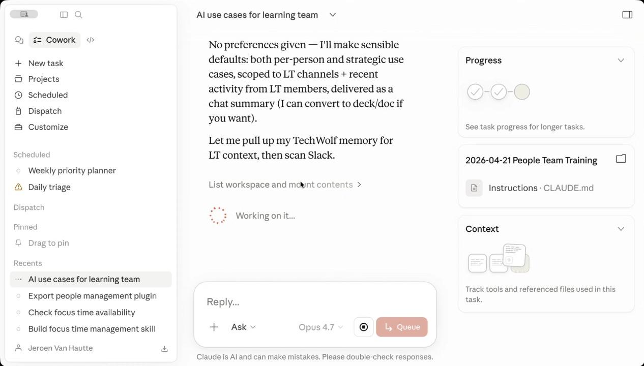 Cowork sidebar showing Skills, Connectors, and Plugins dropdown, with Atlassian, Gmail, Google Calendar, Google Drive, Notion, and Slack toggled on